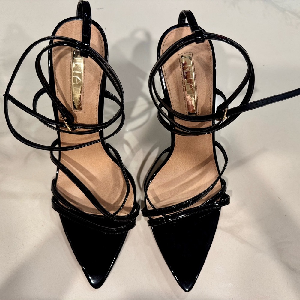 Liliana Black Patent Strappy Pointed-Toe Heels